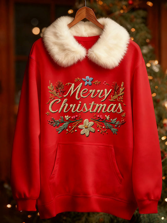 Women's Christmas Printed Long Sleeved Sweatshirt With Fur Collar
