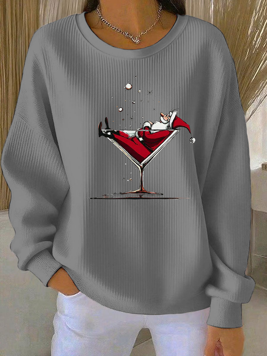 Women's Santa Claus Print Ribbed Round-Neck Sweatshirt