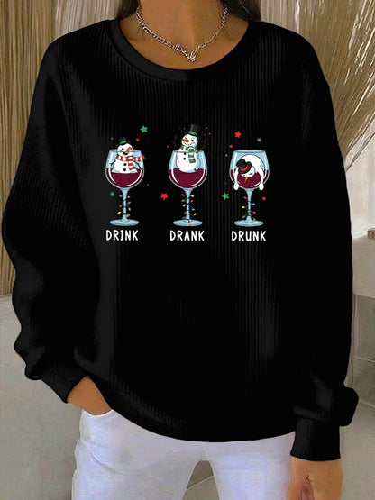 Women's Christmas snowman print Ribbed Round-Neck Sweatshirt