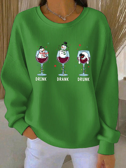 Women's Christmas snowman print Ribbed Round-Neck Sweatshirt