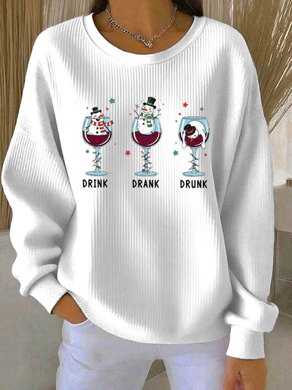 Women's Christmas snowman print Ribbed Round-Neck Sweatshirt