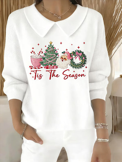 Women's Christmas Tree Santa Claus Art  Printed Baby Doll Collar Top