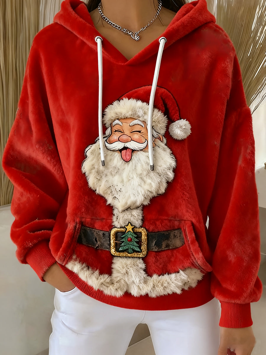 Women’s Vintage Santa Claus Art Printed Flannel Hoodie Red / S