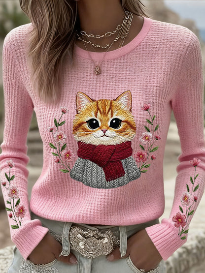 Women's Cute Cat Print Cat Lovers Casual Long Sleeve Waffle Top
