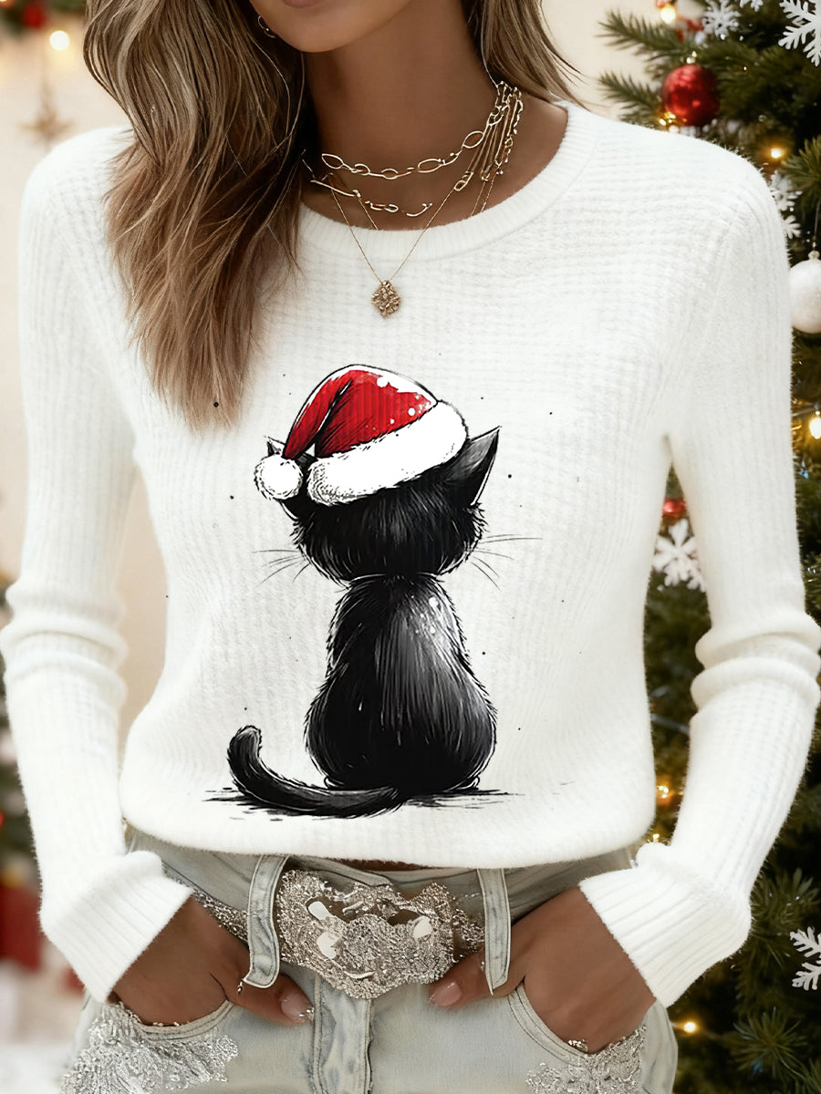 Women's Cute Christmas Cat Print Cat Lovers Casual Long Sleeve Waffle Top