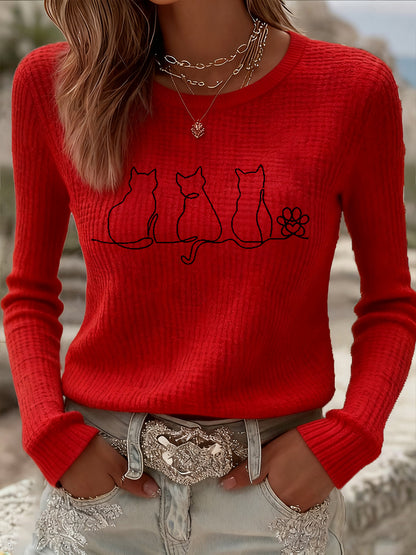 Women's Cute Cat Print Cat Lovers Casual Long Sleeve Waffle Top
