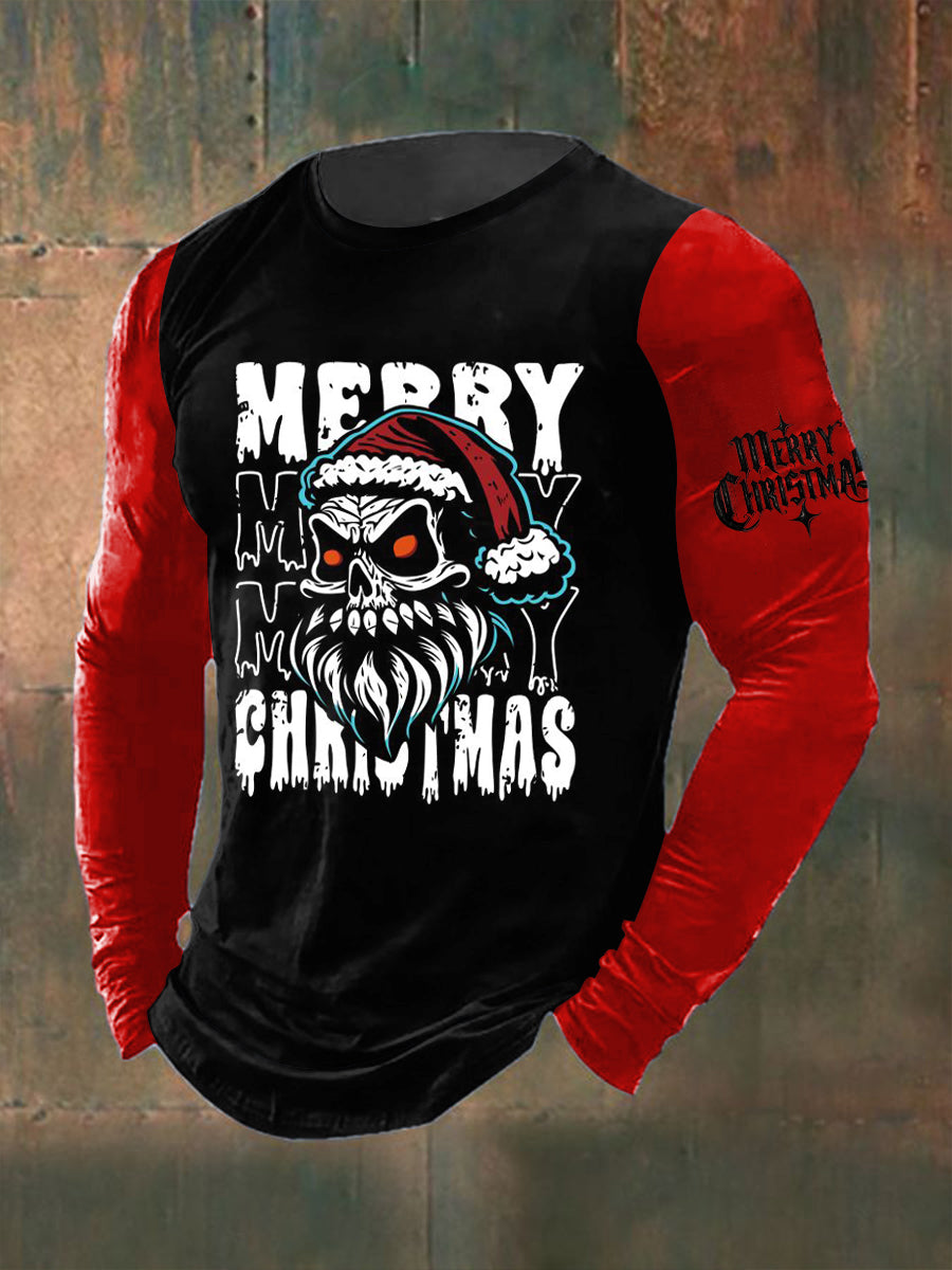 Men's Gothic Christmas Printed Long Sleeved Round Neck T-shirt
