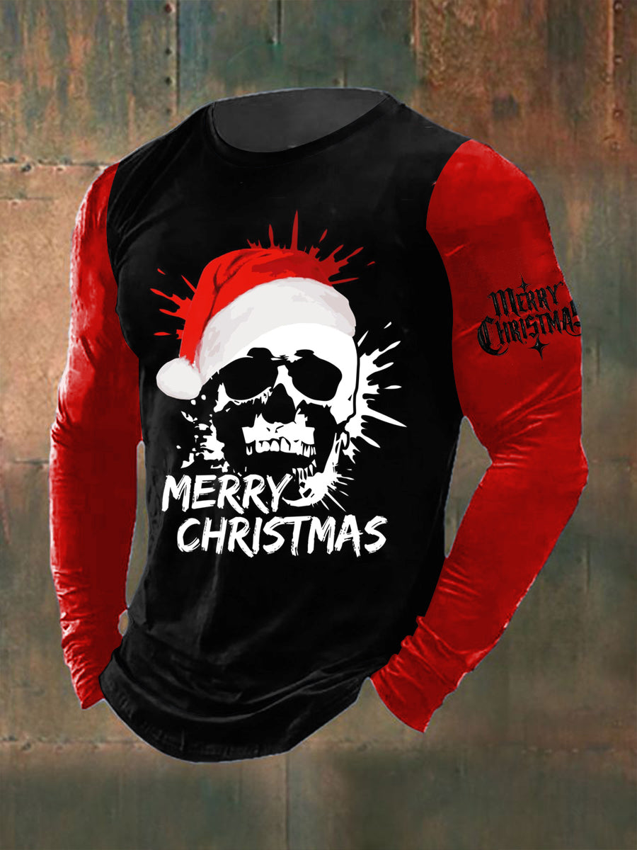 Men's Gothic Christmas Printed Long Sleeved Round Neck T-shirt