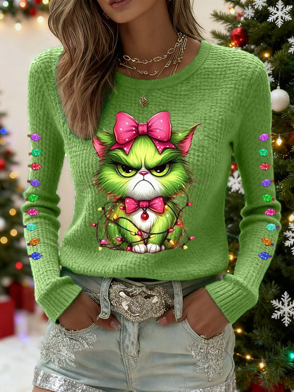 Women's Funny Christmas Grinch Cat Print Casual Waffle Top