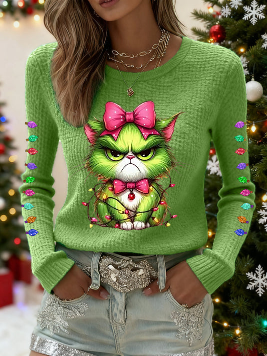 Women's Funny Christmas Grinch Cat Print Casual Waffle Top