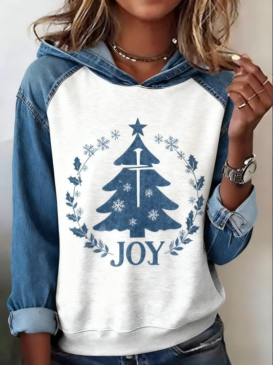 Vintage Christmas Tree Joy Faith Abstract Print Casua Hooded Top