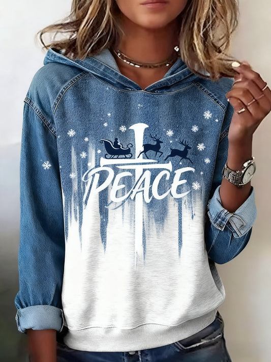 Retro Christmas Faith and Peace Abstract Print Casua Hooded Top