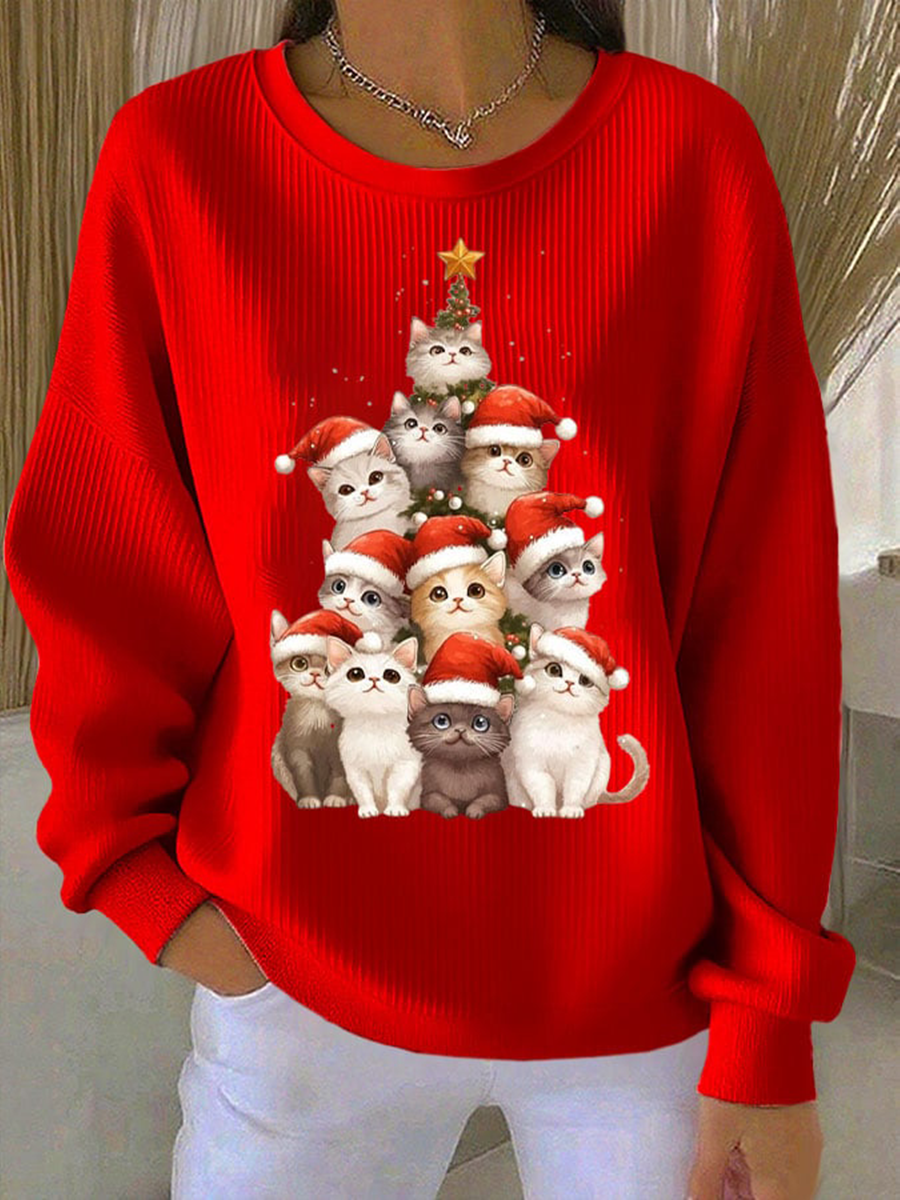 Women's Christmas cat print Ribbed Round-Neck Sweatshirt