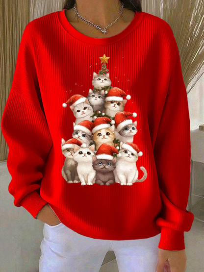 Women's Christmas cat print Ribbed Round-Neck Sweatshirt