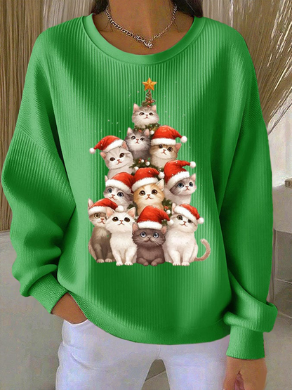 Women's Christmas cat print Ribbed Round-Neck Sweatshirt