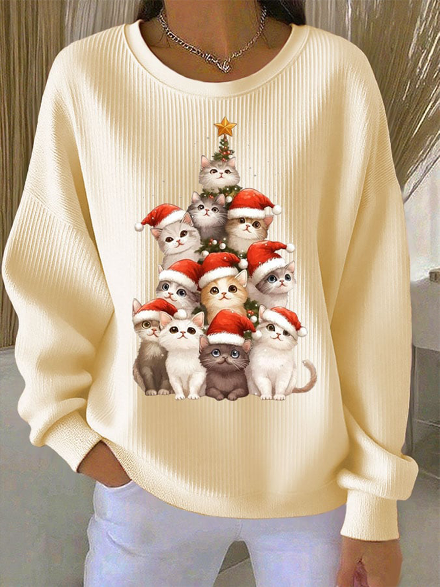 Women's Christmas cat print Ribbed Round-Neck Sweatshirt