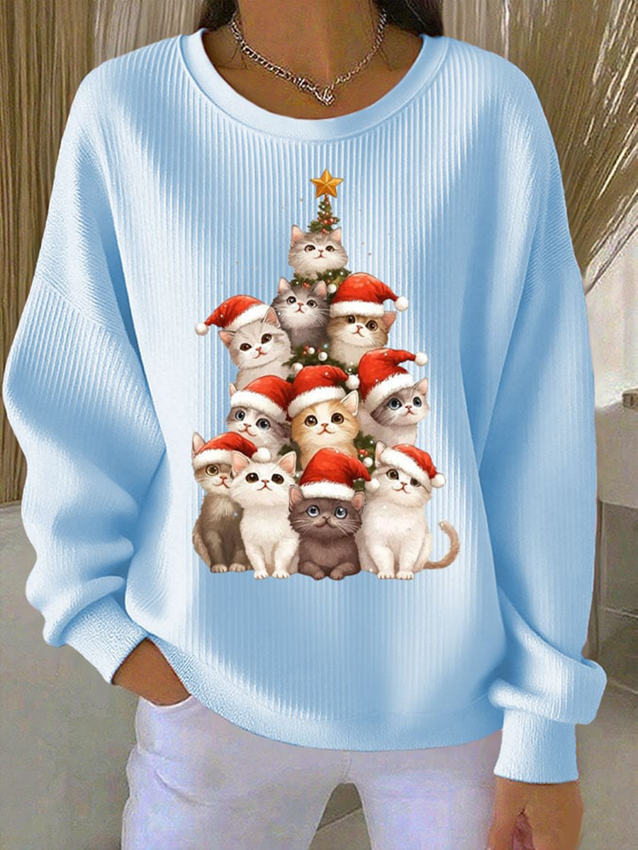 Women's Christmas cat print Ribbed Round-Neck Sweatshirt