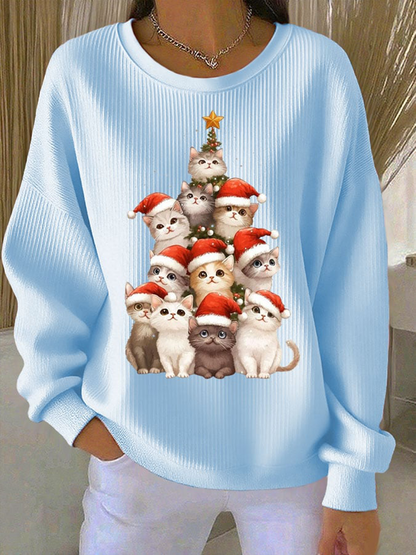 Women's Christmas cat print Ribbed Round-Neck Sweatshirt