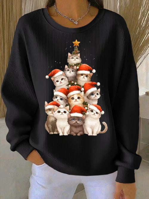 Women's Christmas cat print Ribbed Round-Neck Sweatshirt