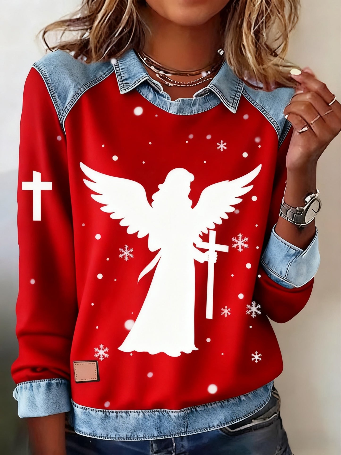 Retro Christmas Faith Abstract Print Casua Lapel  Top