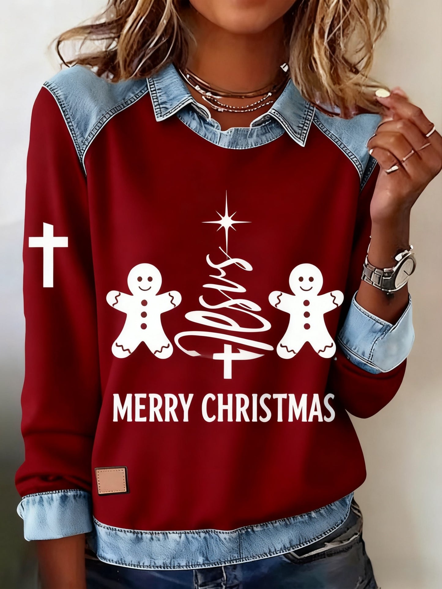Retro Christmas Faith Gingerbread Man Abstract Print Casua Lapel  Top