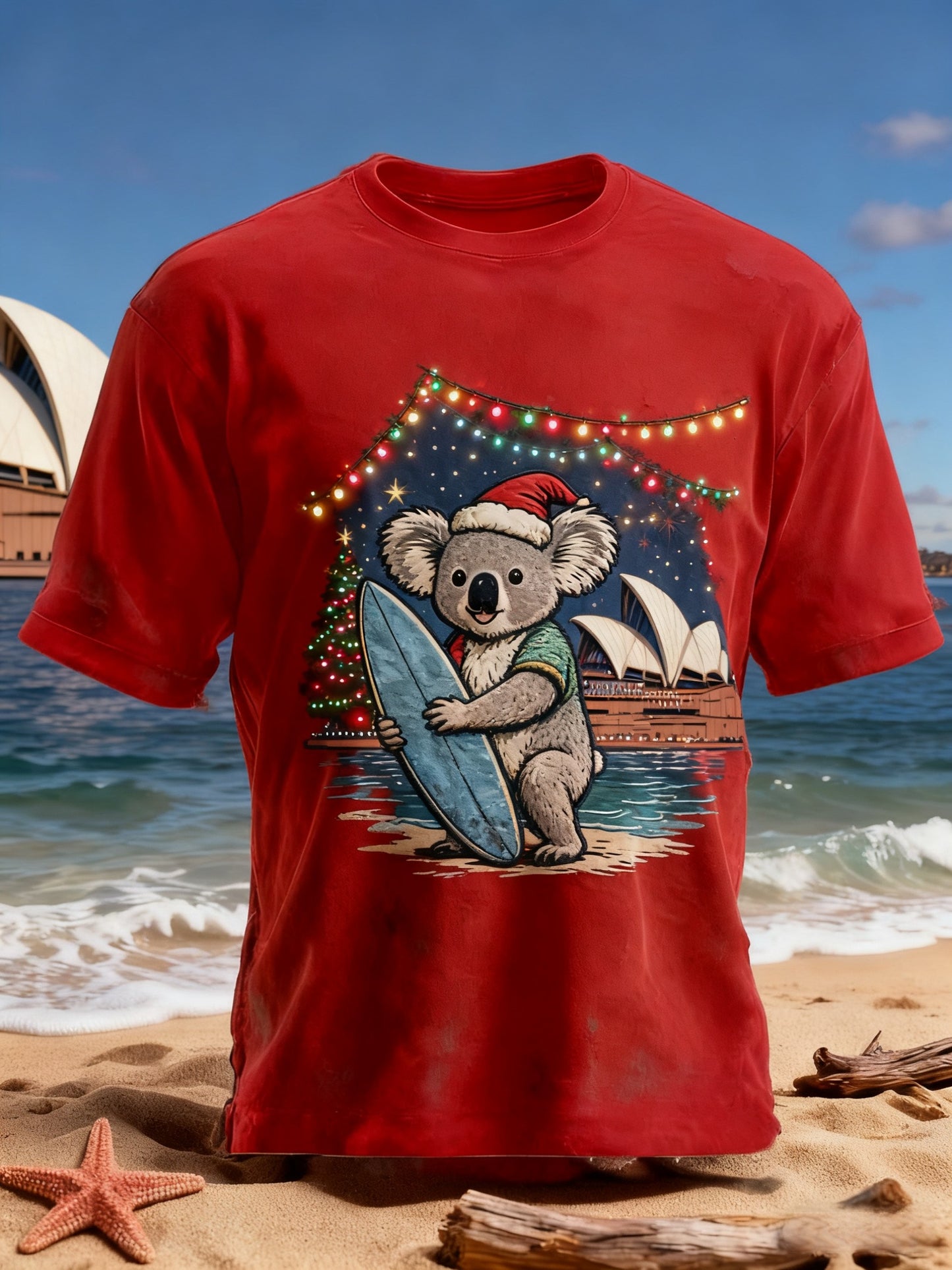 Retro Australian Christmas Beach Koala Print Casual Cotton Short Sleeve T-Shirt