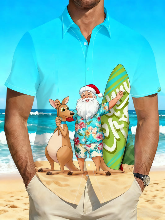 Men's  Retro Australian Christmas Santa Claus Beach Kangaroo Abstract Print Casual Cotton Short Sleeve Shirt