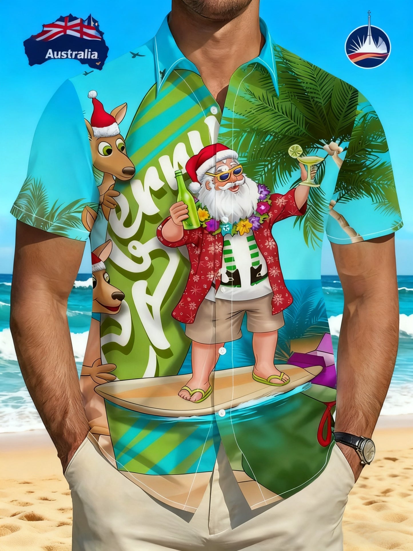 Men's  Retro Australian Christmas Santa Claus Beach, Beer Abstract Print Casual Cotton Short Sleeve Shirt