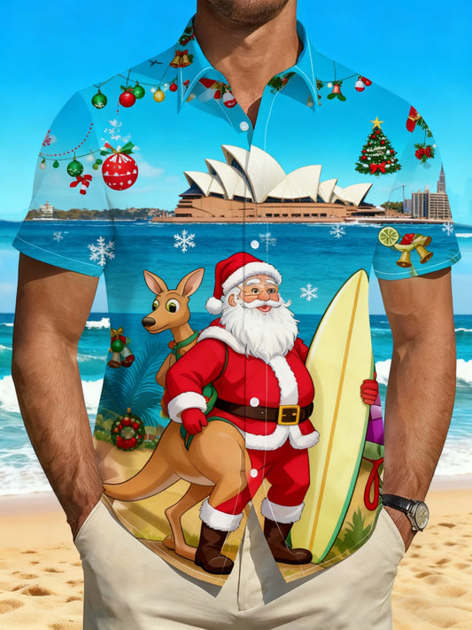 Men's  Retro Australian Christmas Santa Claus Beach Kangaroo Abstract Print Casual Cotton Short Sleeve Shirt