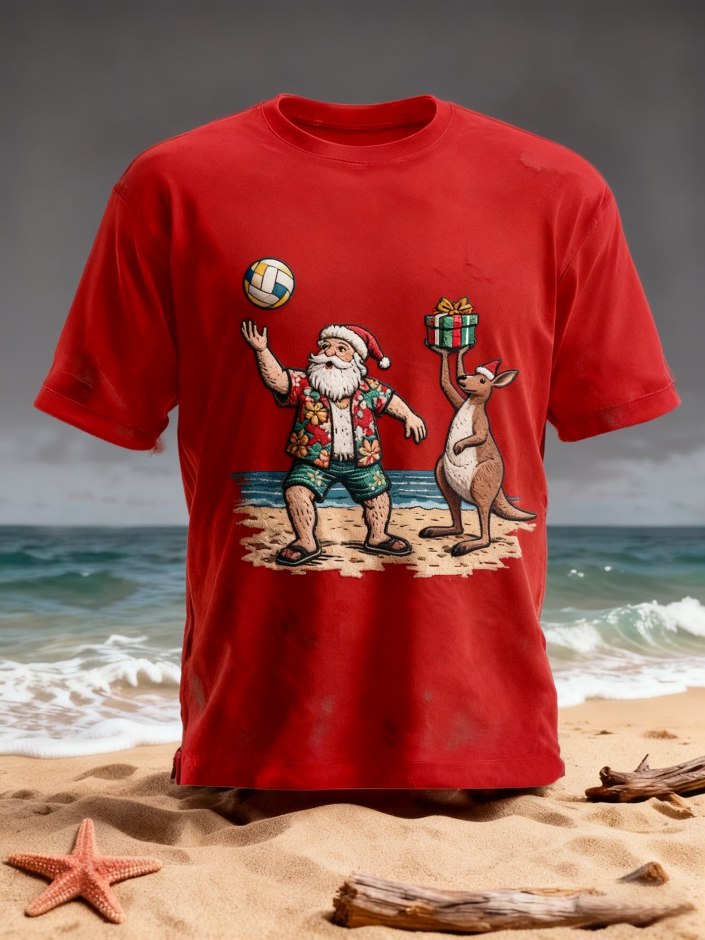 Vintage Australia Christmas Beach Kangaroo Print Casual Cotton Short Sleeve T-Shirt