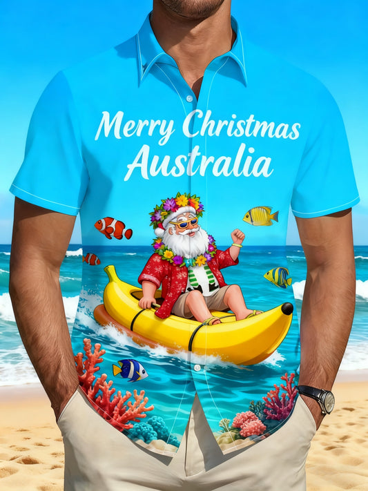 Men's  Retro Australian Christmas Santa Claus Beach Abstract Print Casual Cotton Short Sleeve Shirt