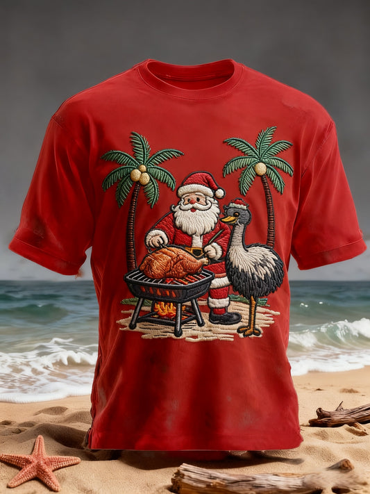 Retro Australian Christmas Beach Emu Print Casual Cotton Short Sleeve T-Shirt