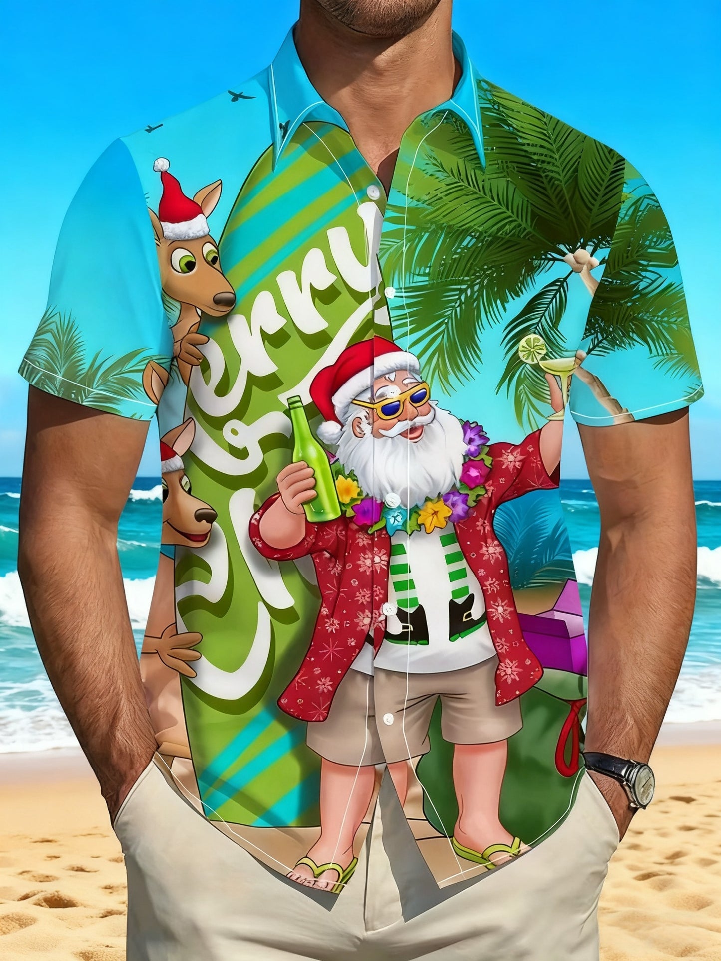 Men's  Retro Australian Christmas Santa Claus Beach, Beer Abstract Print Casual Cotton Short Sleeve Shirt
