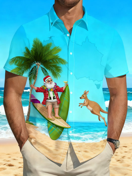 Men's  Retro Australian Christmas Santa Claus Beach Kangaroo Abstract Print Casual Cotton Short Sleeve Shirt