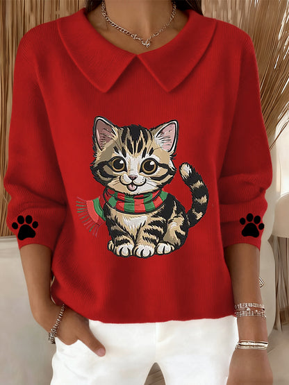Women's Cute Cat Print Cat Lovers Casual Baby Doll Collar Top