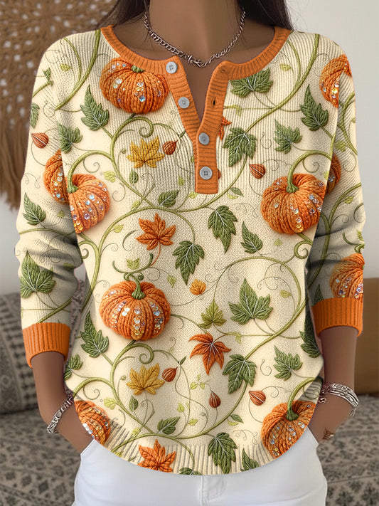 Women's Thanksgiving Pumpkin Vine Mandala Art V-Neck Top