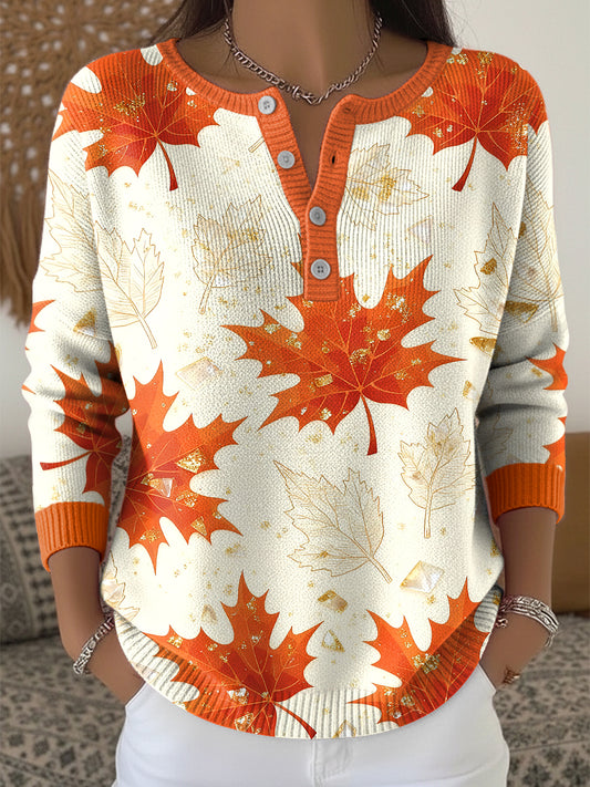 Women's Thanksgiving Abstract Vintage Maple Leaf Art V-Neck Top