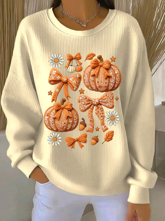 Women's Thanksgiving Pumpkin Floral Casual Crewneck Pullover