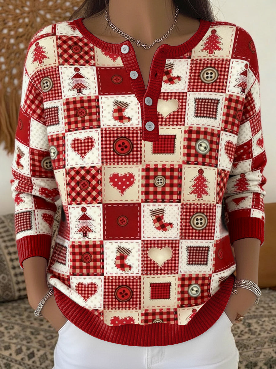 Women's Vintage Christmas Plaid Patchwork Art V-Neck Top