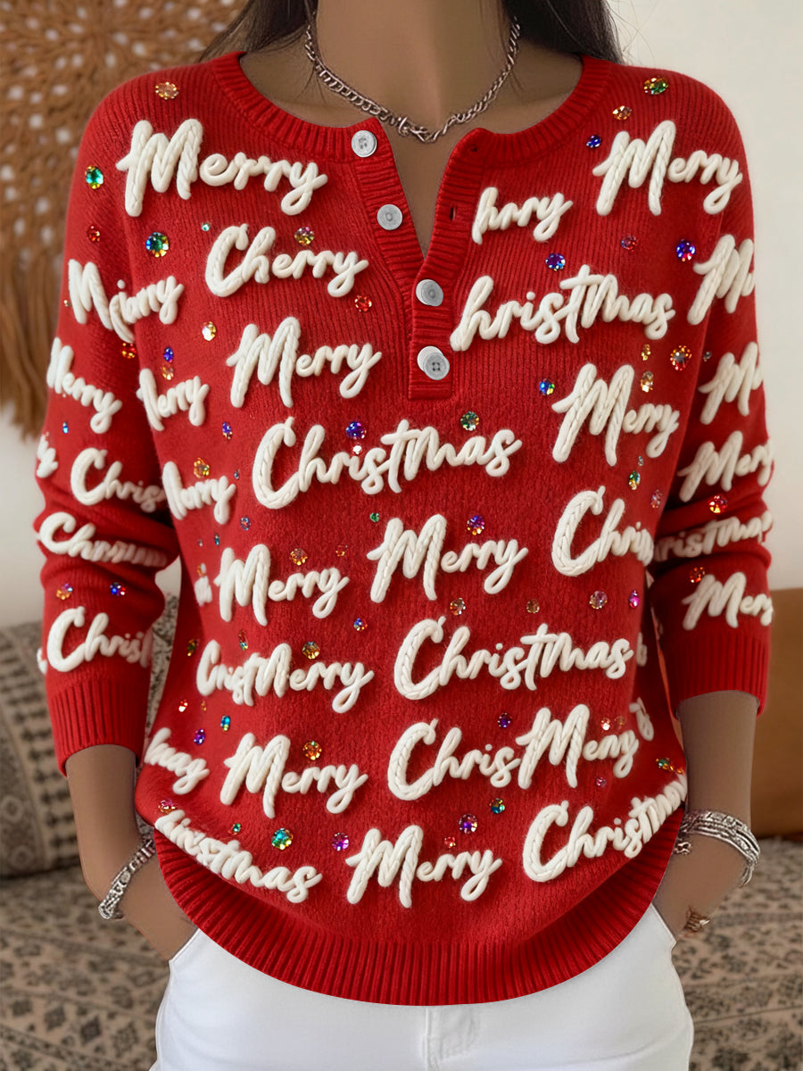 Women's Vintage Christmas Letter Art V-Neck Top