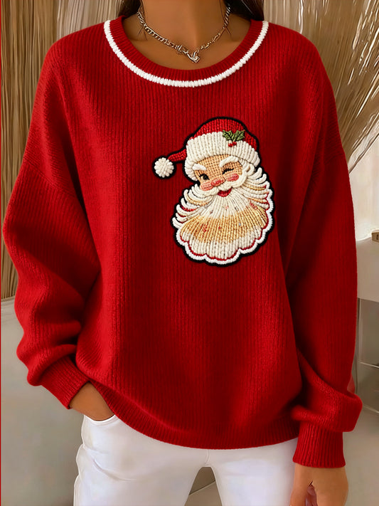 Women's Christmas Santa Patchwork Crewneck Pullover