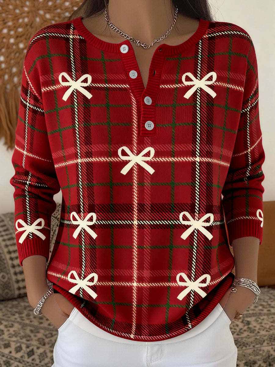 Women's Vintage Christmas Plaid Bow V-Neck Top