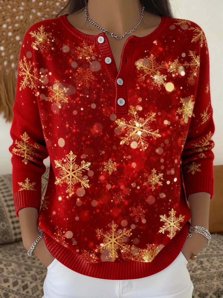 Women's Vintage Christmas Gold Snowflake Art V-Neck Top