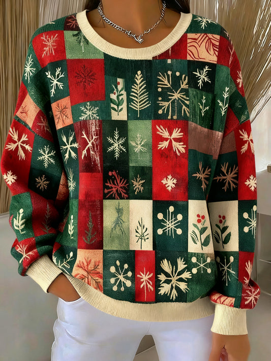 Women's Christmas Geometric Patchwork Crewneck Pullover