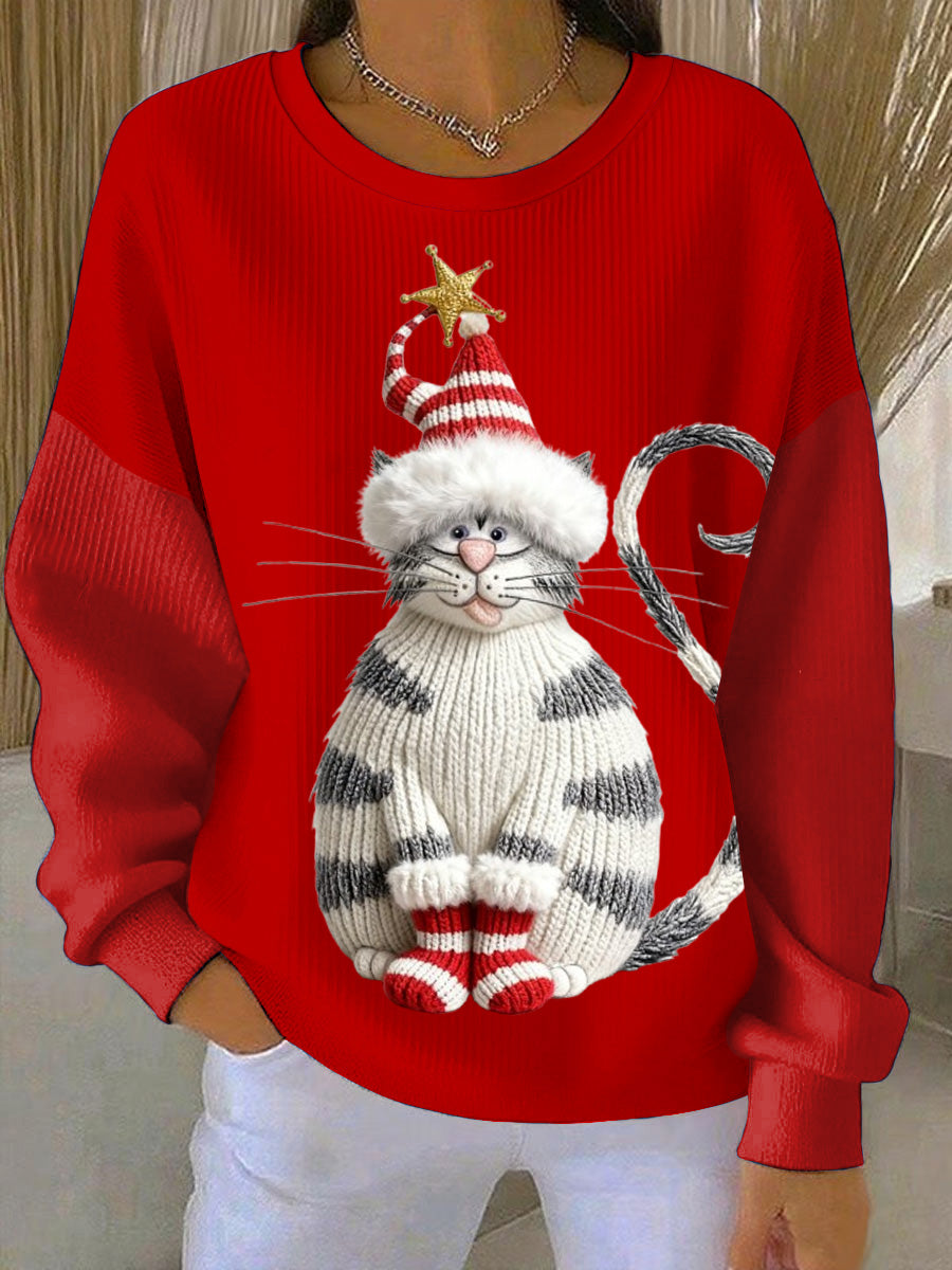 Women's Christmas 3D Cat Loose-Fit Crewneck Pullover