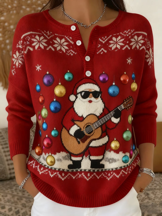 Women's Retro-Style Colourful Santa Guitar Long-sleeve Sweater