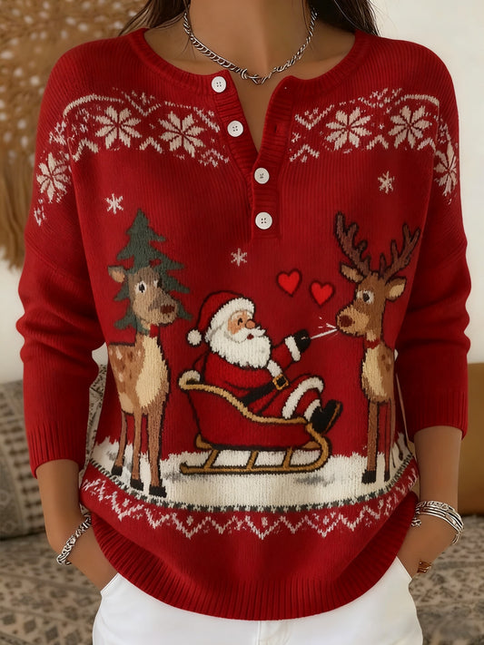 Women's Vintage Christmas Santa's Reindeer Long-sleeve Sweater