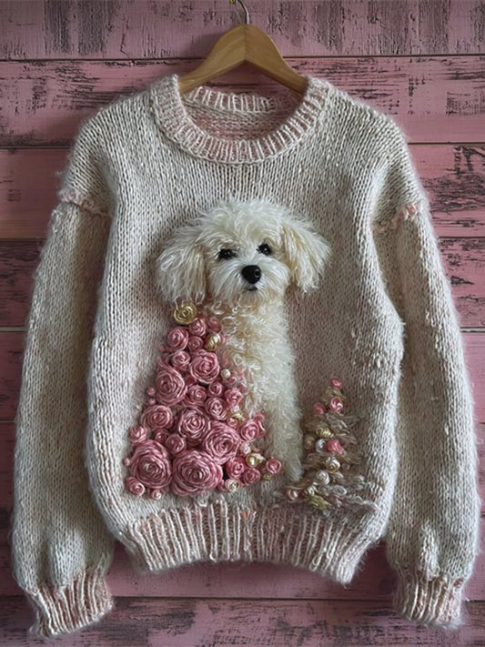 Women's Vintage Christmas Tree Dog Art Knitted Sweater