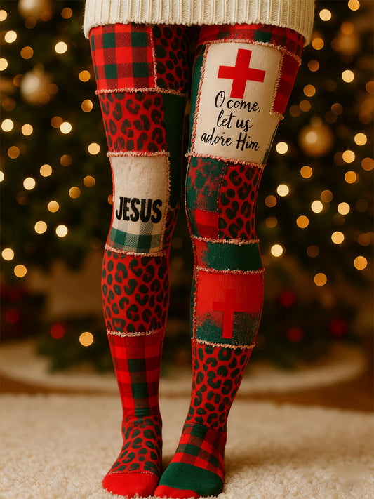 Women's Christmas Christian Cross Plaid Printed Leggings