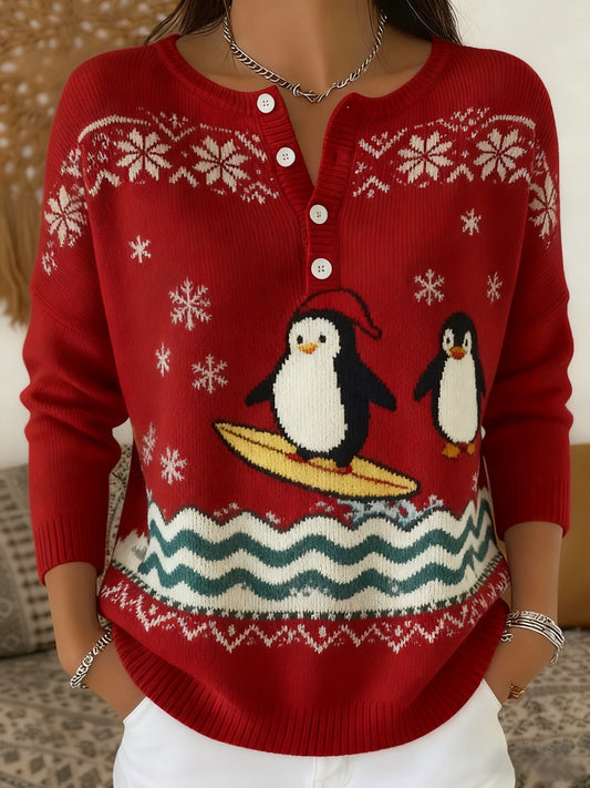 Women's Retro Christmas Penguin Long-sleeve Sweater